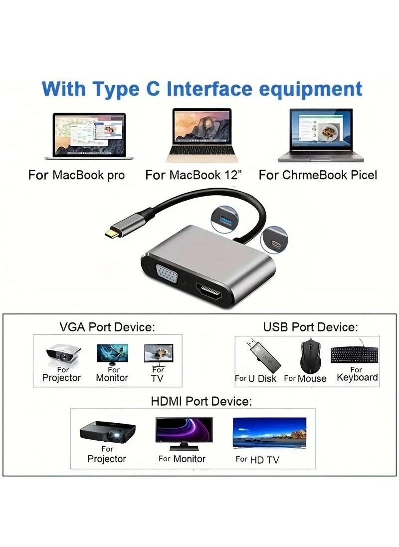  فيكتوال موزع USB C، موزع USB 3.0، من النوع C إلى HDMI 4K VGA USB3.0 محول صوت وفيديو ومنفذ شحن لجميع أجهزة الكمبيوتر وأجهزة التلفزيون وأجهزة الكمبيوتر المحمولة، رمادي  - Image 4