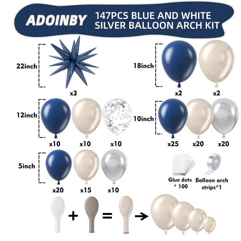 ADOINBY Navy Blue Silver White Balloon Arch Kit, Double Stuffed Pearl Sand White Royal Dark Blue Chrome Silver Confetti Balloons Garland Kit for Birthday Graduation 2026 New Years Party Decoration - Image 2