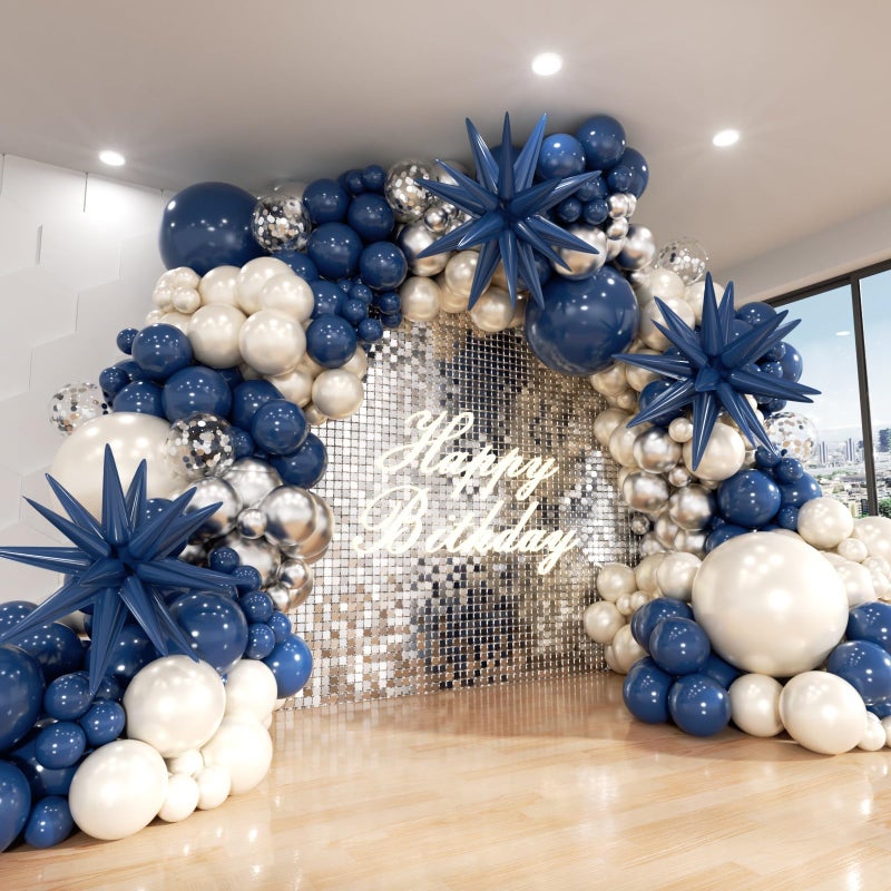 ADOINBY Navy Blue Silver White Balloon Arch Kit, Double Stuffed Pearl Sand White Royal Dark Blue Chrome Silver Confetti Balloons Garland Kit for Birthday Graduation 2026 New Years Party Decoration - Image 1