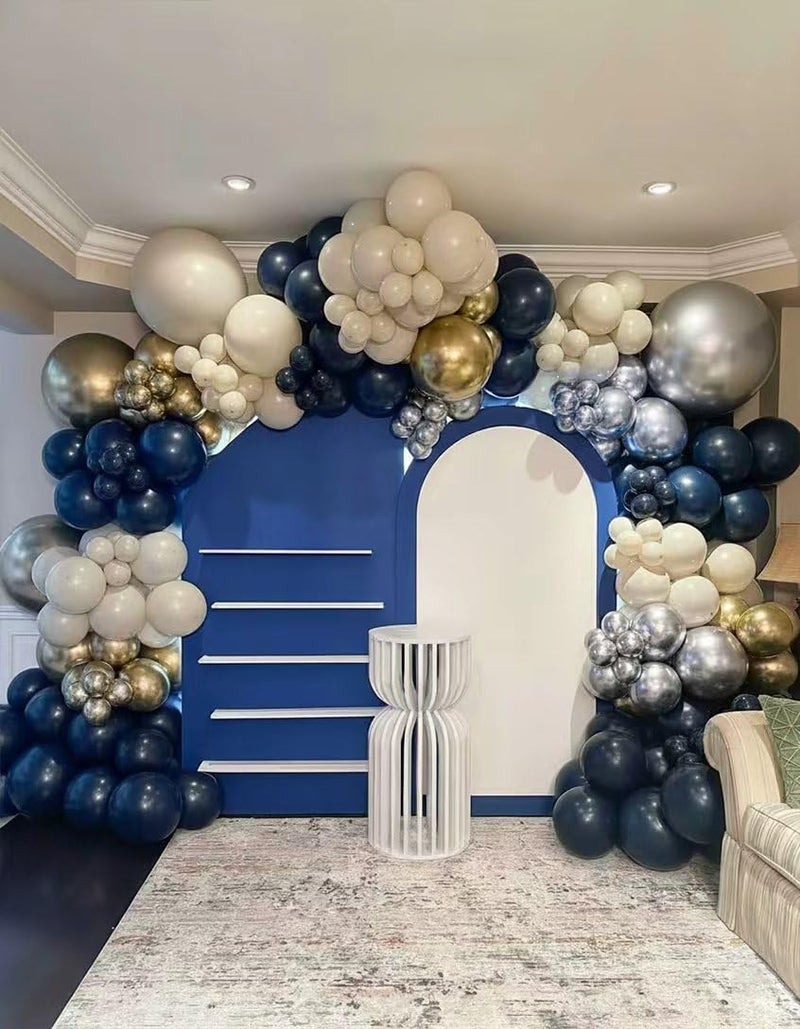 ADOINBY Navy Blue Silver White Balloon Arch Kit, Double Stuffed Pearl Sand White Royal Dark Blue Chrome Silver Confetti Balloons Garland Kit for Birthday Graduation 2026 New Years Party Decoration - Image 5