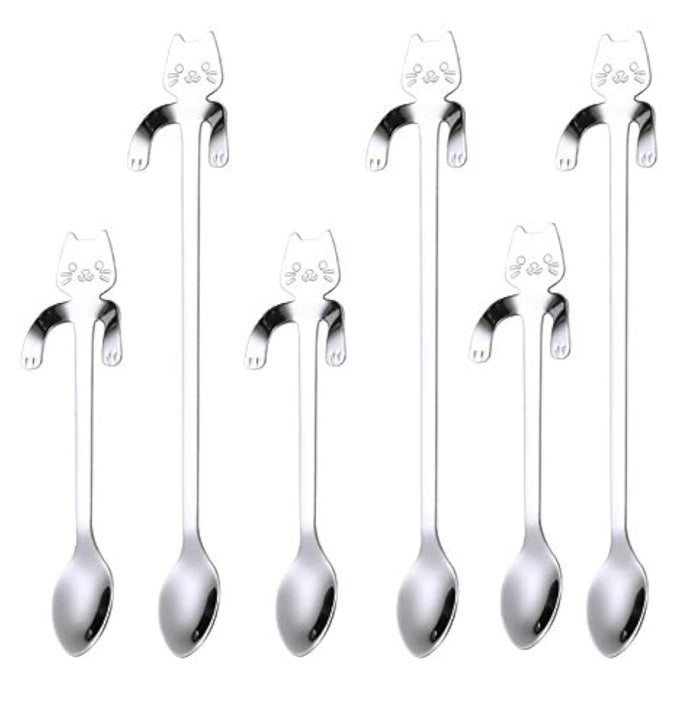 CAT SPOON COFFEE TEASPOON STAINLESS STEEL HANGING CUP TEA SPOON TWO DIFFERENT LENGTHS DESSERT SCOOP FOR STIRRING DRINK MIXING MILKSHAKE JAM SET OF 6 SILVER
