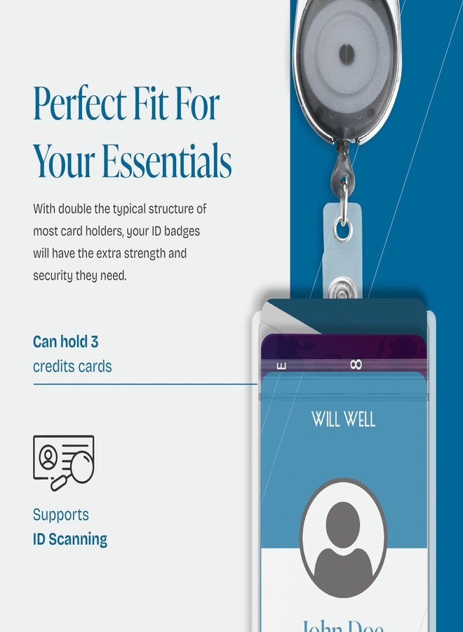 Will Well 2 Pack ID Badge Holder with Clip - Transparent White Badge Reels with ID Sleeves Set - Clear Id Card Holder Retractable - Vertical Lanyard Id Holder with Badge Reel - Badge Holders with 24" Pull Cord - Image 3