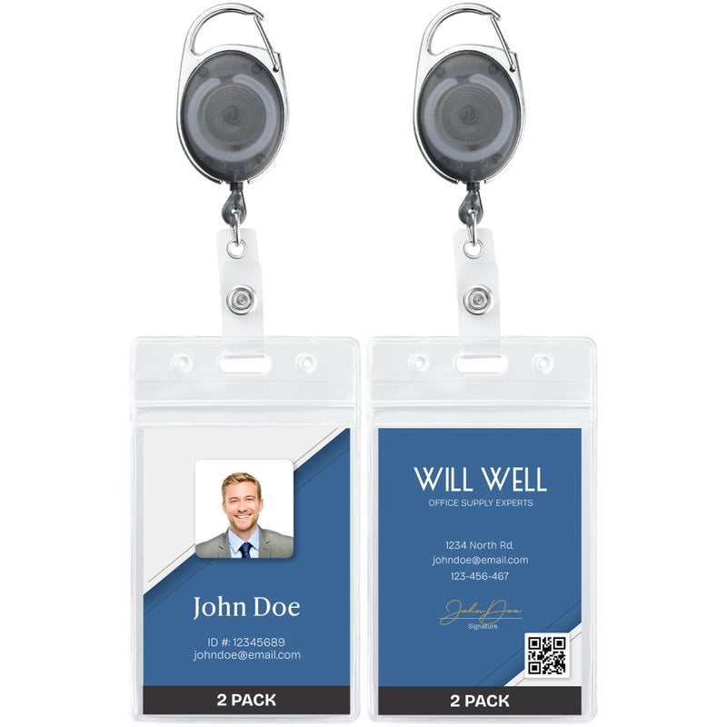 Will Well 2 Pack ID Badge Holder with Clip - Transparent White Badge Reels with ID Sleeves Set - Clear Id Card Holder Retractable - Vertical Lanyard Id Holder with Badge Reel - Badge Holders with 24" Pull Cord - Image 1