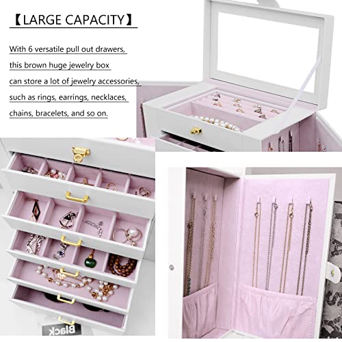 AKOZLIN Extra Large 6-Tier Jewelry Box Organizer with Mirror, 5 Drawers Leather Jewelry Storage Case for Women Girls Ring Necklace Earring Bracelet White - Image 4