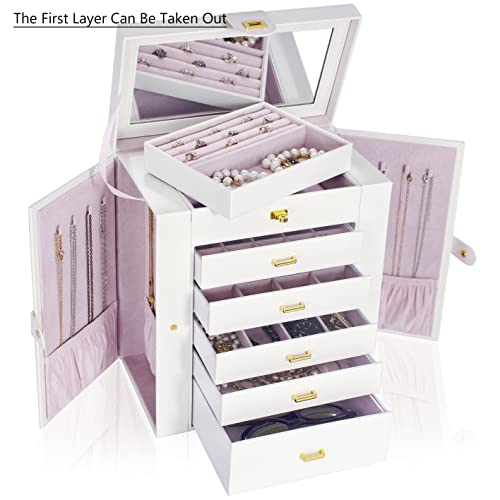 AKOZLIN Extra Large 6-Tier Jewelry Box Organizer with Mirror, 5 Drawers Leather Jewelry Storage Case for Women Girls Ring Necklace Earring Bracelet White - Image 2
