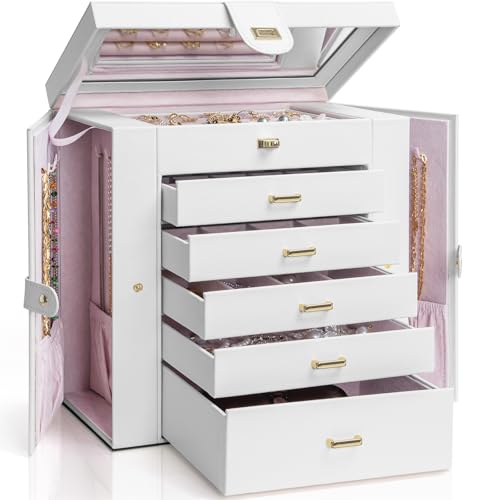 AKOZLIN Extra Large 6-Tier Jewelry Box Organizer with Mirror, 5 Drawers Leather Jewelry Storage Case for Women Girls Ring Necklace Earring Bracelet White - Image 1