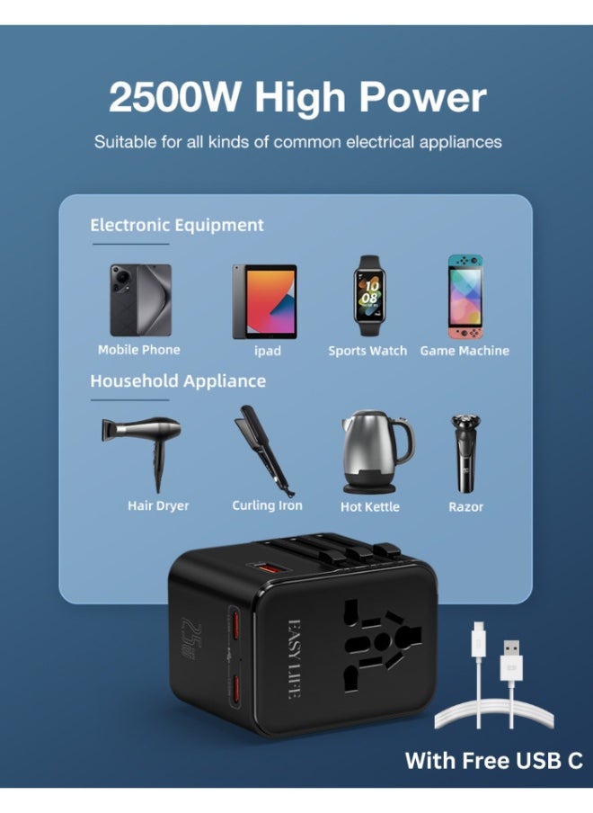 Easy Life Universal Travel Adapter All Countries With Free Cable, International Power Plug Adapter with 2 USB-C and 1 USB-A Ports, All-in-One Worldwide Wall Charger for USA EU UK AUS With USB C Cable  - Image 3