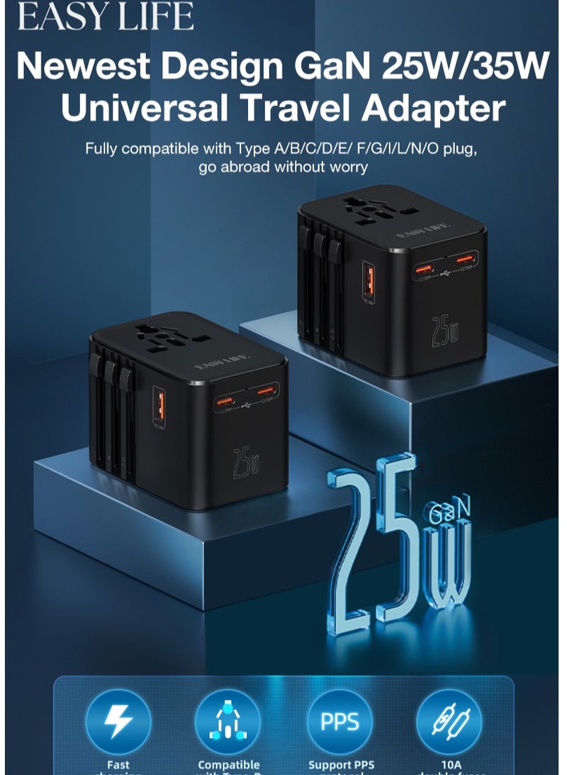Easy Life Universal Travel Adapter All Countries With Free Cable, International Power Plug Adapter with 2 USB-C and 1 USB-A Ports, All-in-One Worldwide Wall Charger for USA EU UK AUS With USB C Cable - Image 1