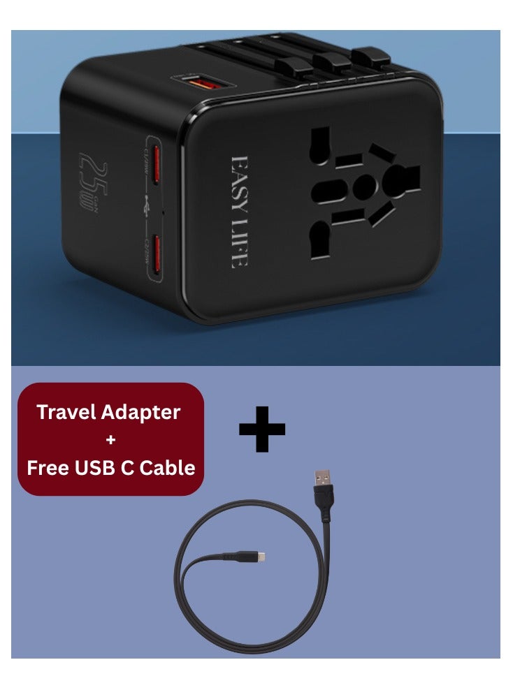 Easy Life Universal Travel Adapter All Countries With Free Cable, International Power Plug Adapter with 2 USB-C and 1 USB-A Ports, All-in-One Worldwide Wall Charger for USA EU UK AUS With USB C Cable - Image 2