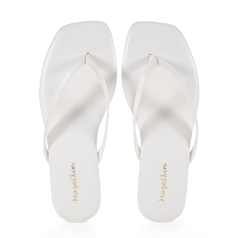 mazeskin Womens Flip Flops Memory Foam Square Toe Flat Sandals Vegan Leather Summer Beach Slides,White US8 - Image 4