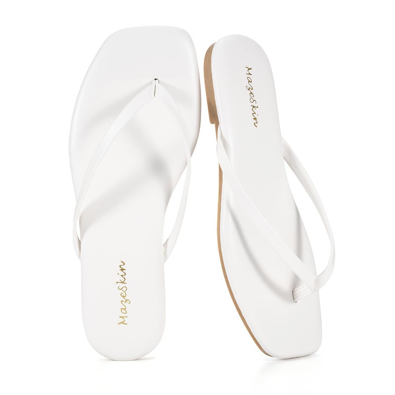 mazeskin Womens Flip Flops Memory Foam Square Toe Flat Sandals Vegan Leather Summer Beach Slides,White US8 - Image 1