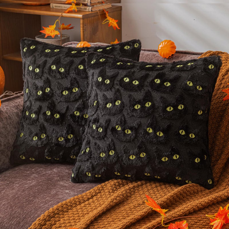 COSIBONO Halloween Black Cat Throw Pillow Covers 18x18 Inch Set of 2, Spooky Ghost Faux Fur Cushion Covers for Fall Decor, Soft Decorative Farmhouse Pillowcases for Sofa Bench Living Room (Yellow) - Image 1