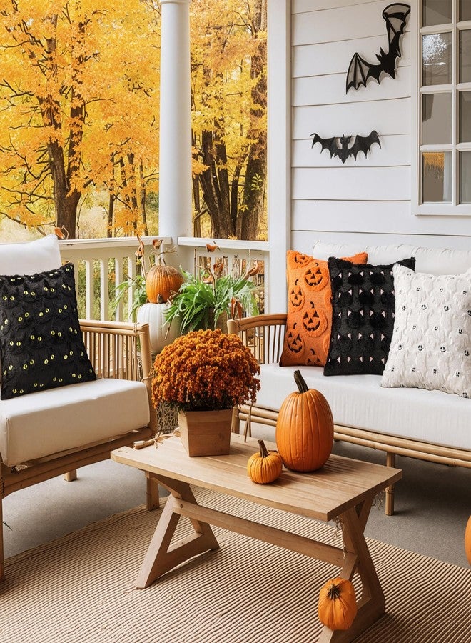 COSIBONO Halloween Black Cat Throw Pillow Covers 18x18 Inch Set of 2, Spooky Ghost Faux Fur Cushion Covers for Fall Decor, Soft Decorative Farmhouse Pillowcases for Sofa Bench Living Room (Yellow) - Image 4