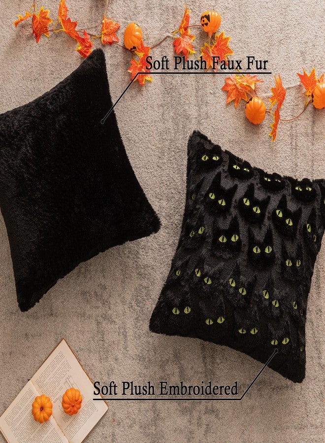COSIBONO Halloween Black Cat Throw Pillow Covers 18x18 Inch Set of 2, Spooky Ghost Faux Fur Cushion Covers for Fall Decor, Soft Decorative Farmhouse Pillowcases for Sofa Bench Living Room (Yellow) - Image 3