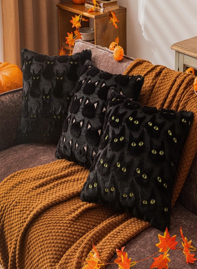 COSIBONO Halloween Black Cat Throw Pillow Covers 18x18 Inch Set of 2, Spooky Ghost Faux Fur Cushion Covers for Fall Decor, Soft Decorative Farmhouse Pillowcases for Sofa Bench Living Room (Yellow) - Image 5