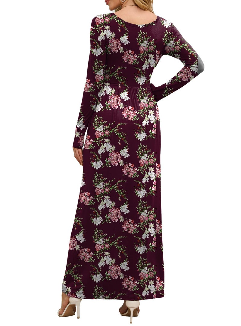 DEARCASE Maxi Dress for Women Flower Wine Red Small Round Neck Boho Long Sleeve A-line Casual Hawaiian Empire Waist Flowy Party Vintage Spring Fall Winter Floor Dresses with Pocket - Image 3