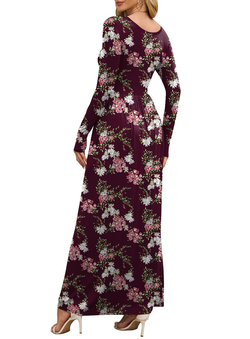 DEARCASE Maxi Dress for Women Flower Wine Red Small Round Neck Boho Long Sleeve A-line Casual Hawaiian Empire Waist Flowy Party Vintage Spring Fall Winter Floor Dresses with Pocket - Image 2