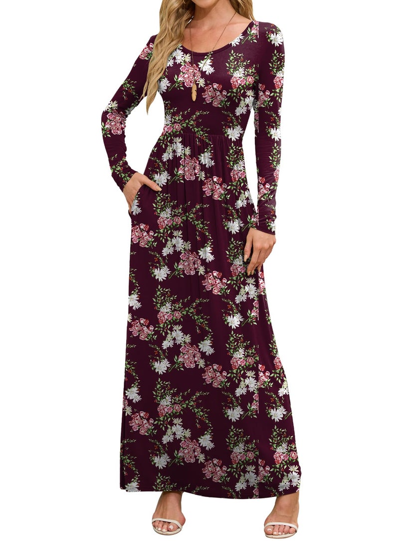 DEARCASE Maxi Dress for Women Flower Wine Red Small Round Neck Boho Long Sleeve A-line Casual Hawaiian Empire Waist Flowy Party Vintage Spring Fall Winter Floor Dresses with Pocket - Image 1