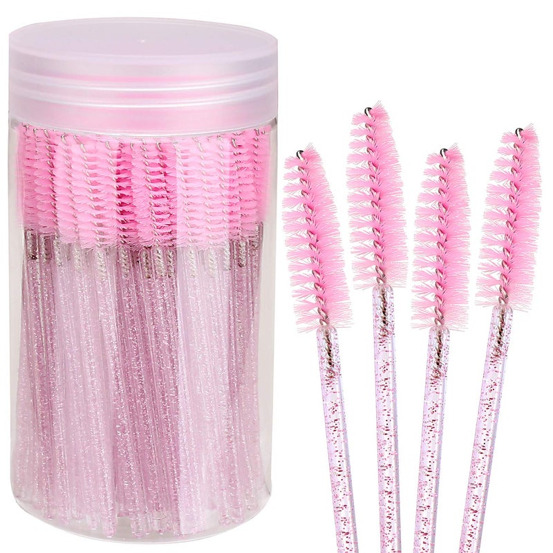 Elisel 100pcs Disposable Mascara Brushes with Container, Mascara Wands Makeup Brushes Applicators Kits for Eyelash Extensions and Eyebrow Brush (Crystal Pink) - Image 1
