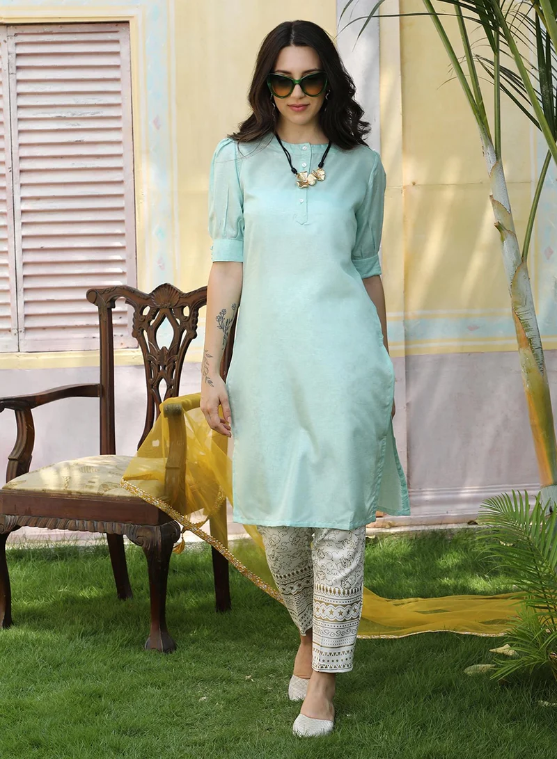  قصة Women's Aqua Green Cuffed Sleeve Kurta