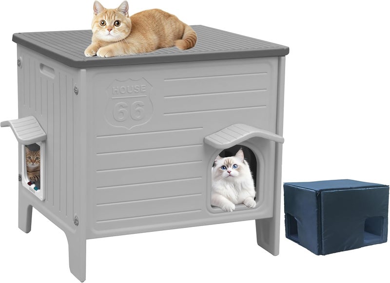 Deblue Insulated Cat House Outdoor Weatherpoof Plastic Cats Houses with Escape Door Indoor Waterproof Feral/Pet Cat Shelter Outside for Puppy, Rabbit for Winter (Grey) - Image 1