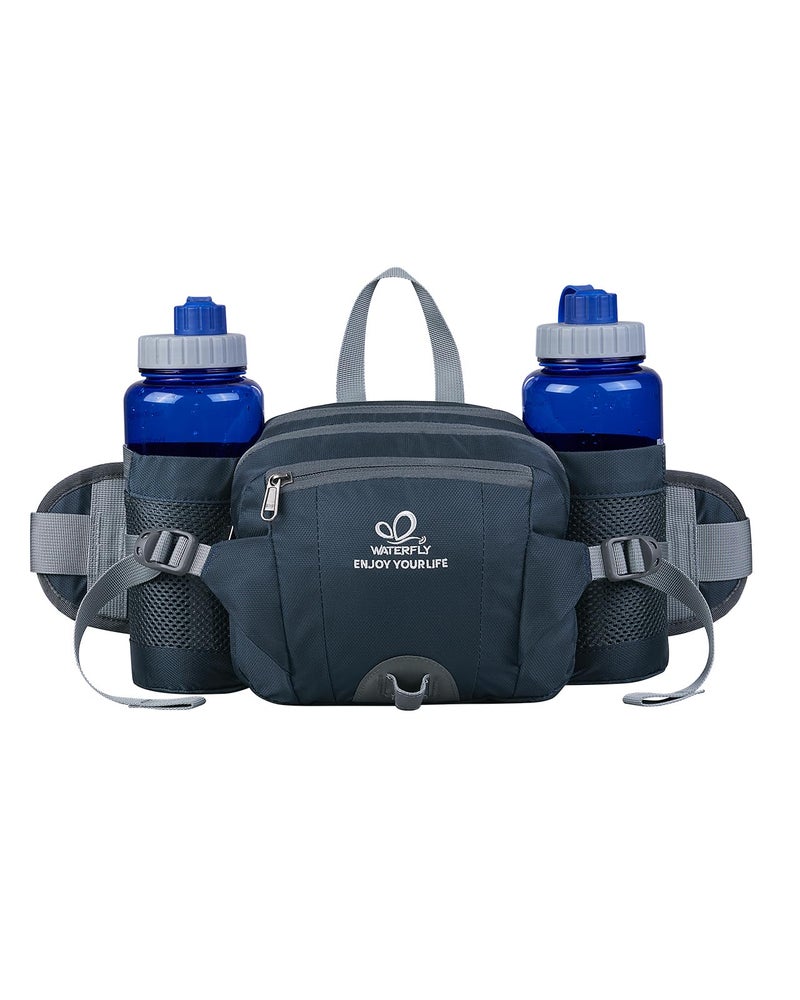 WATERFLY Fanny Pack Waist Bag: Fannie Pack 2 Water Bottle Holders Lumbar Belt Hiking Walking Running Jogging Camping Large Woman Man (Dark blue) - Image 1