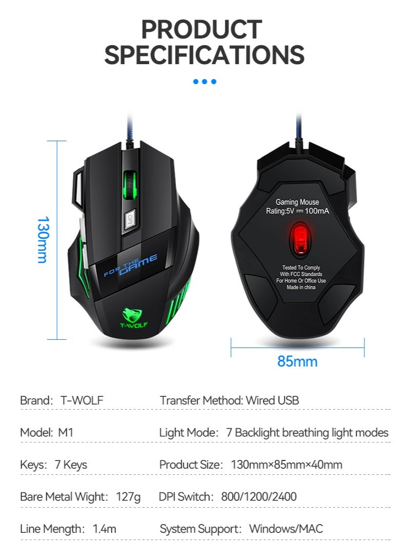 T-WOLF M1 high-performance 2400dpi 7D wired gaming mouse with 7 RGB backlights and 3D style, suitable for gamers and laptops, high-performance mouse - Image 2