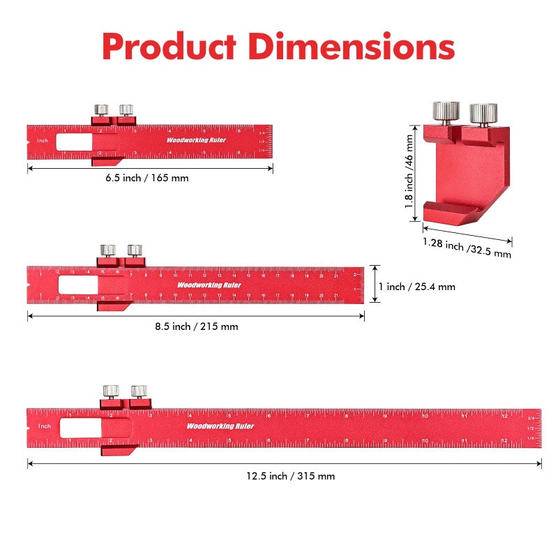 Draxzor 3PCS Woodworking Ruler Set, Precision Pocket Ruler with Adjustable Slide Stop, Aluminum Alloy Measuring Tool for Marking & Scribing, Metal T-Track Square Rulers, Inch and Metric (6", 8", 12") - Image 2