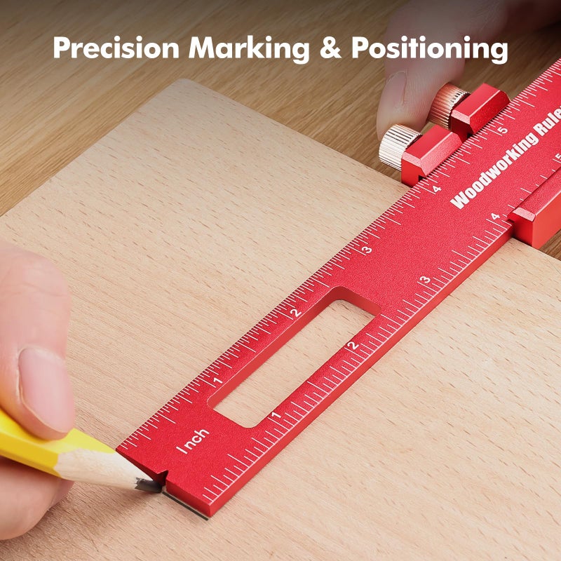 Draxzor 3PCS Woodworking Ruler Set, Precision Pocket Ruler with Adjustable Slide Stop, Aluminum Alloy Measuring Tool for Marking & Scribing, Metal T-Track Square Rulers, Inch and Metric (6", 8", 12") - Image 5