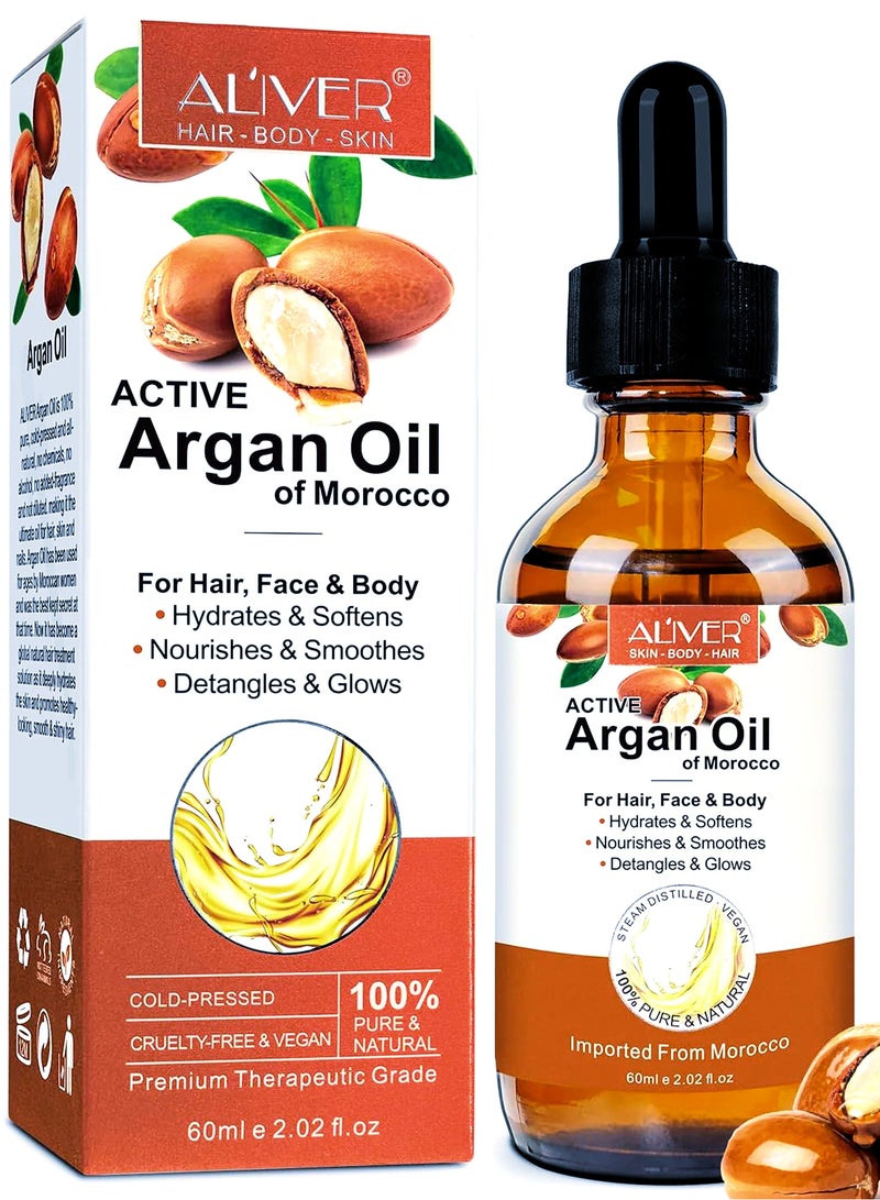 ALIVER Argan Oil  for Hair Growth 100% Pure Cold Pressed Organic Carrier Oil for Skin Care Nails & Cuticles Nourish the Scalp Dry Skin Relief Improve Blood Circulation 60ml - Image 1