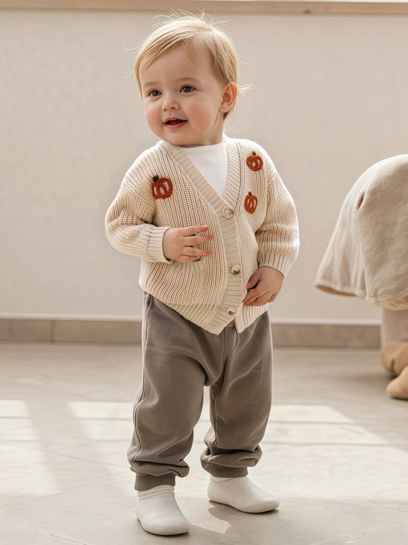 Toddler Baby Girl Halloween Cardigan Sweater Pumpkin Embroidery Ribbed Button Down V Neck Long Sleeve Knitted Tops for Fall - Image 3