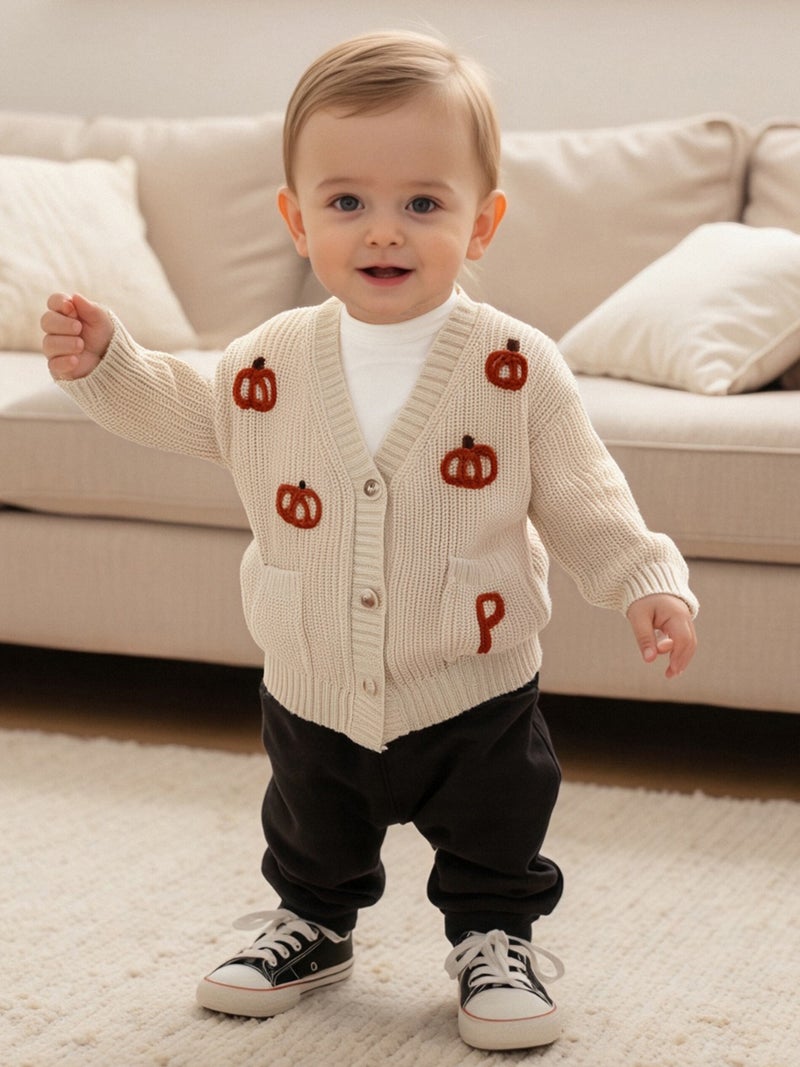 Toddler Baby Girl Halloween Cardigan Sweater Pumpkin Embroidery Ribbed Button Down V Neck Long Sleeve Knitted Tops for Fall - Image 1