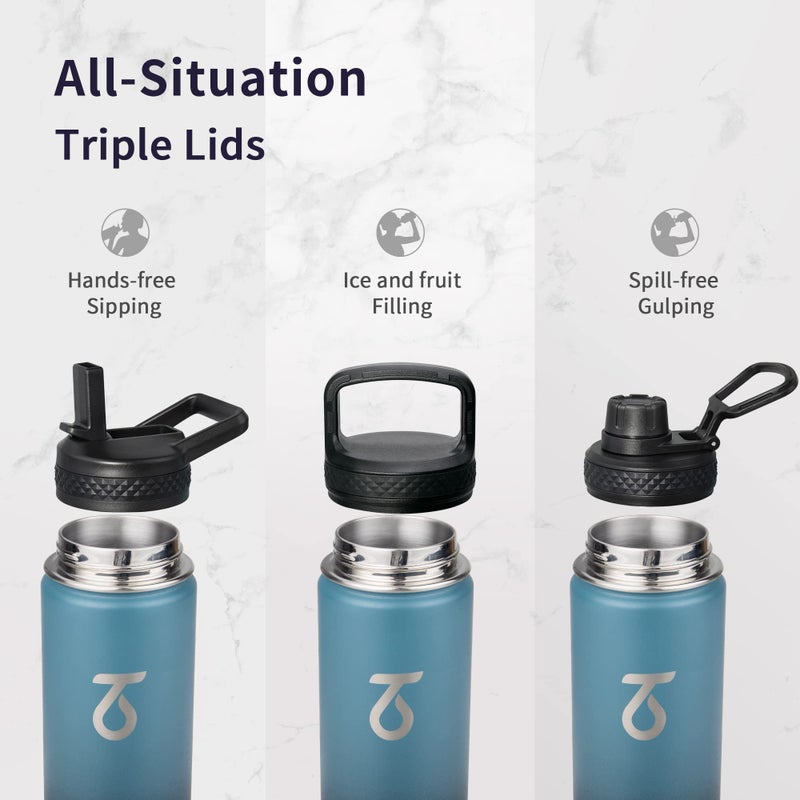 Trebo 24 oz Water Bottle Insulated with Lid and Straw Double Wall Vacuum Stainless Steel Metal Tumbler Sports Flask with Paracord Handle  Keep Cold 48 Hours Water Cup with 3 Lids  Indigo/Black - Image 3