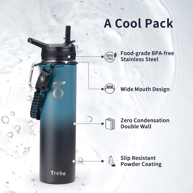 Trebo 24 oz Water Bottle Insulated with Lid and Straw Double Wall Vacuum Stainless Steel Metal Tumbler Sports Flask with Paracord Handle  Keep Cold 48 Hours Water Cup with 3 Lids  Indigo/Black - Image 5