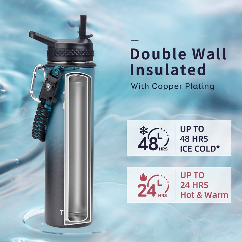 Trebo 24 oz Water Bottle Insulated with Lid and Straw Double Wall Vacuum Stainless Steel Metal Tumbler Sports Flask with Paracord Handle  Keep Cold 48 Hours Water Cup with 3 Lids  Indigo/Black - Image 2