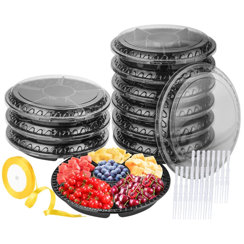WEQNNM Plastic Appetizer Tray with Lid Heavy DutyRecyclable 12 in Veggie Fruit Snacks Trays Disposable Food Storage Containers10 Pcs Food Serving Platters for Party and Buffet with 100 Forks