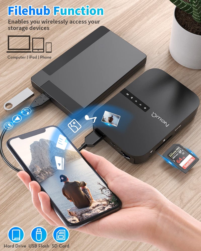 NewQ موجه السفر NewQ Filehub AC750: قارئ بطاقة SD ومحرك أقراص صلبة محمول وموسع نطاق WiFi صغير للسفر | وصول لاسلكي لمحرك الأقراص الصلبة الخارجي وجهاز تخزين USB لنسخ الصور والملفات من iPhone - Image 4