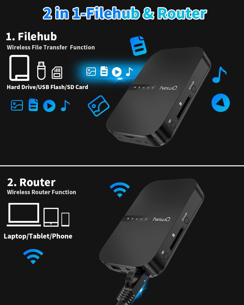 NewQ موجه السفر NewQ Filehub AC750: قارئ بطاقة SD ومحرك أقراص صلبة محمول وموسع نطاق WiFi صغير للسفر | وصول لاسلكي لمحرك الأقراص الصلبة الخارجي وجهاز تخزين USB لنسخ الصور والملفات من iPhone - Image 2
