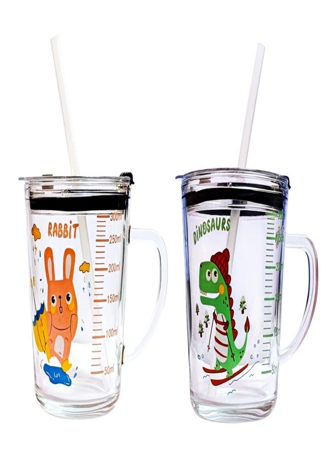 IndusBay® 2 Pieces, 300 ML Cartoon Printed Glass Sipper Mug Jar with Silicone Straw and Airtight Leakproof Lid Measuring Scale Drinking Cup for Kids Boys and Girls Perfect for Milk,Juice,Coffee - Image 1