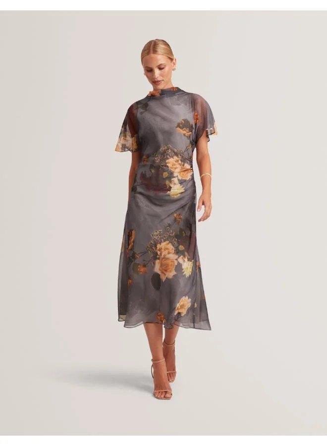 Printed Drape Neck Midi Dress