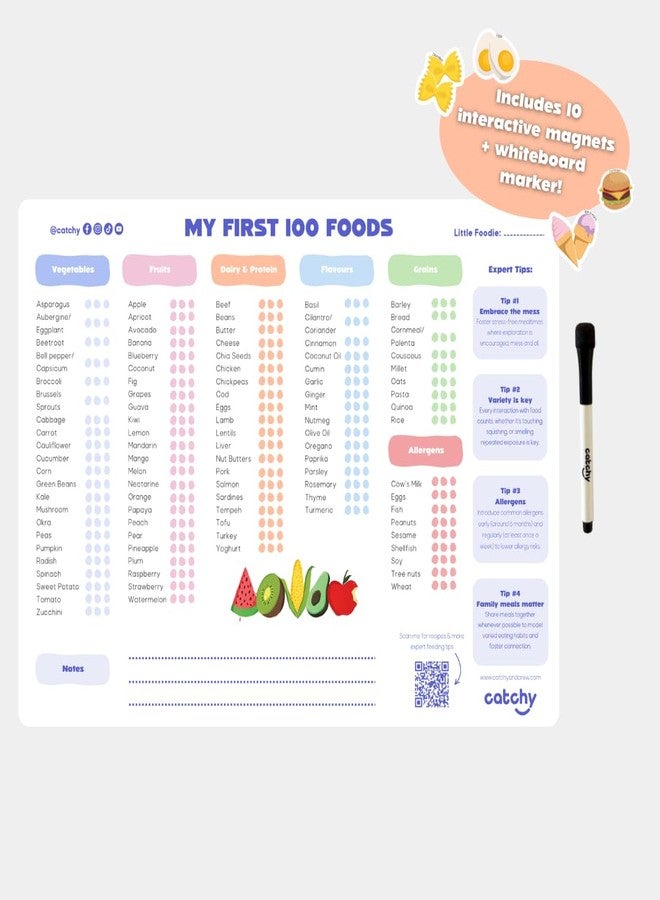 CATCHY - My First 100 Foods Tracker Set - 1 Magnetic Whiteboard Checklist, 10 Fridge Magnets + 1 Marker - Lists All Major Food Groups + Key Allergens - with Expert Tips - Reusable - Image 3