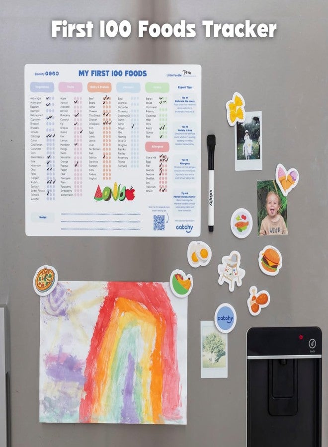 CATCHY - My First 100 Foods Tracker Set - 1 Magnetic Whiteboard Checklist, 10 Fridge Magnets + 1 Marker - Lists All Major Food Groups + Key Allergens - with Expert Tips - Reusable - Image 2