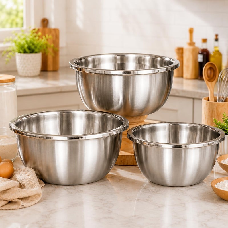 Premium Stainless Steel Mixing Bowl Set of 3, Deep Nesting Kitchen Bowls 28cm, 30cm & 32cm, Food Grade Metal Prep Bowls for Mixing, Baking, Cooking, Salad & Dough - Image 1