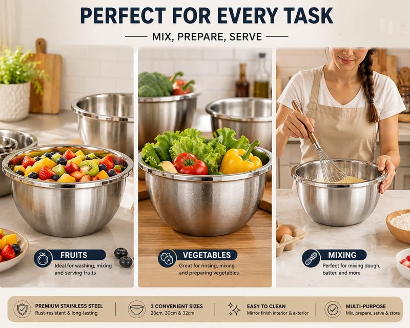 Premium Stainless Steel Mixing Bowl Set of 3, Deep Nesting Kitchen Bowls 28cm, 30cm & 32cm, Food Grade Metal Prep Bowls for Mixing, Baking, Cooking, Salad & Dough - Image 3