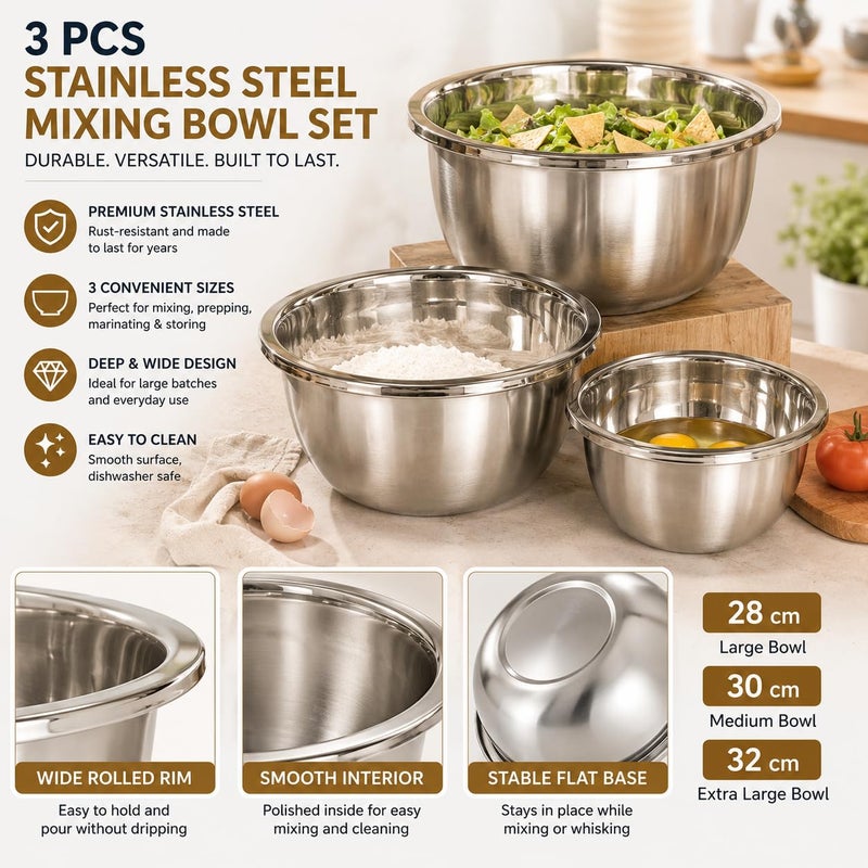 Premium Stainless Steel Mixing Bowl Set of 3, Deep Nesting Kitchen Bowls 28cm, 30cm & 32cm, Food Grade Metal Prep Bowls for Mixing, Baking, Cooking, Salad & Dough - Image 4