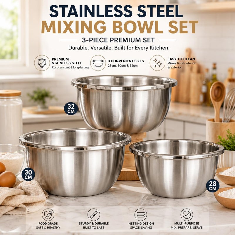 Premium Stainless Steel Mixing Bowl Set of 3, Deep Nesting Kitchen Bowls 28cm, 30cm & 32cm, Food Grade Metal Prep Bowls for Mixing, Baking, Cooking, Salad & Dough - Image 5