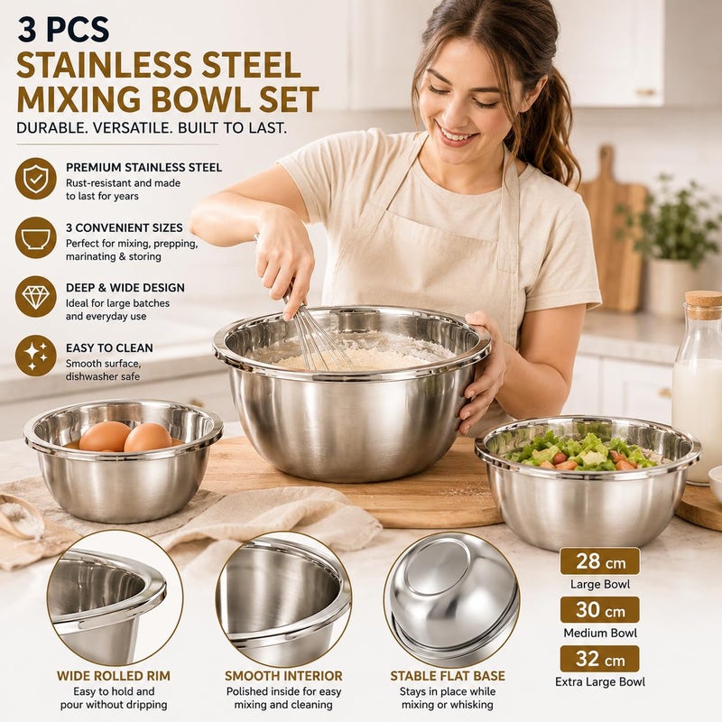 Premium Stainless Steel Mixing Bowl Set of 3, Deep Nesting Kitchen Bowls 28cm, 30cm & 32cm, Food Grade Metal Prep Bowls for Mixing, Baking, Cooking, Salad & Dough - Image 2