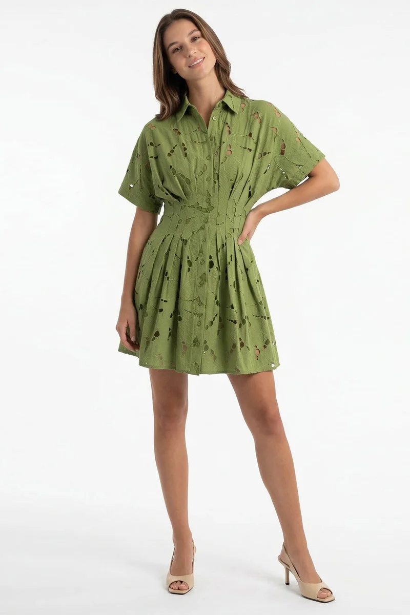 EXQUISE Short-Sleeved, Perforated Shirt Collar Slim Fit Mini Green Dress