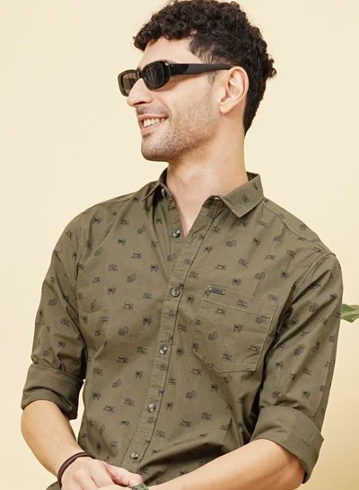 The Indian Garage Co Men Slim Fit Graphic Print Full Sleeves Spread Collar Casual Shirt