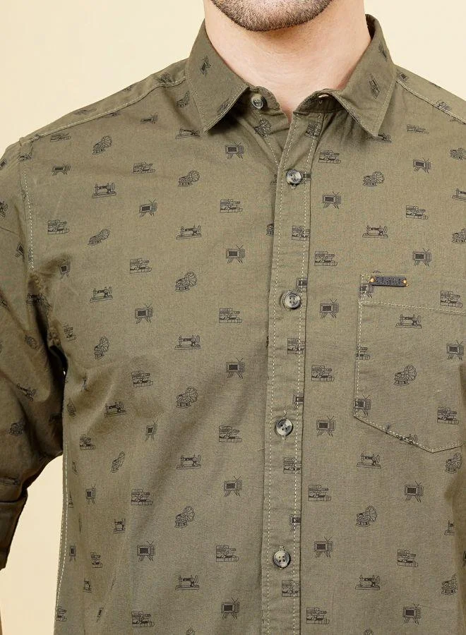شركة المرآب الهندية Men Slim Fit Graphic Print Full Sleeves Spread Collar Casual Shirt